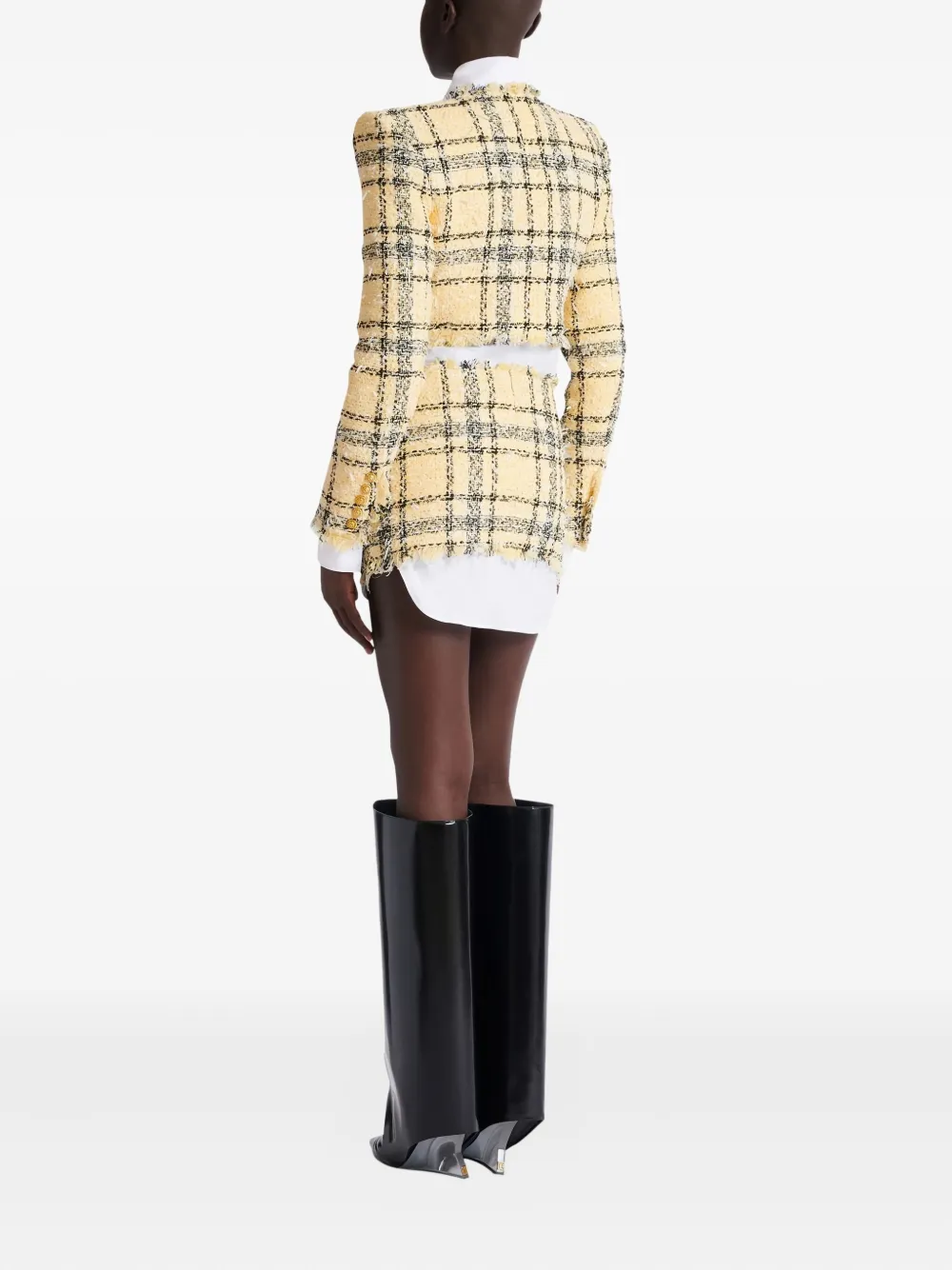 Balmain Tweed Sequinned Check Mini Skirt In Yellow