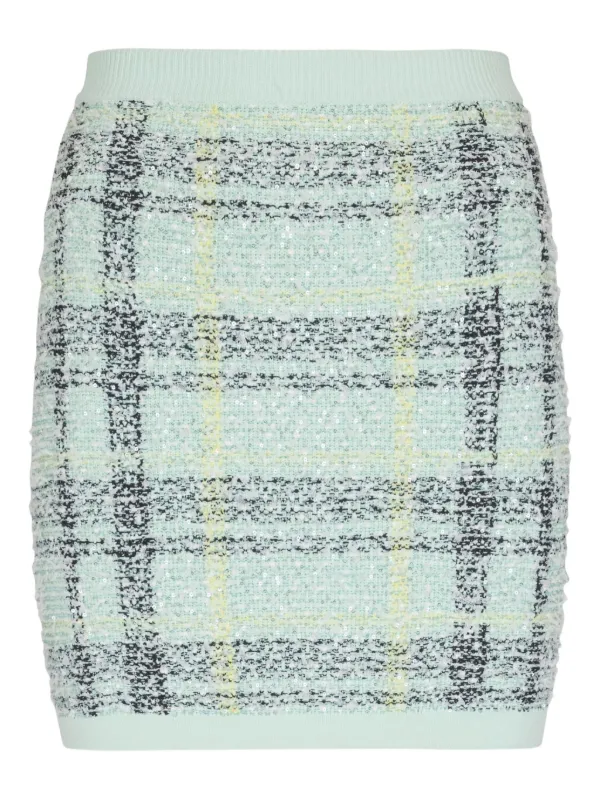 Balmain Mini Glitter Plaid Tweed Skirt in Green