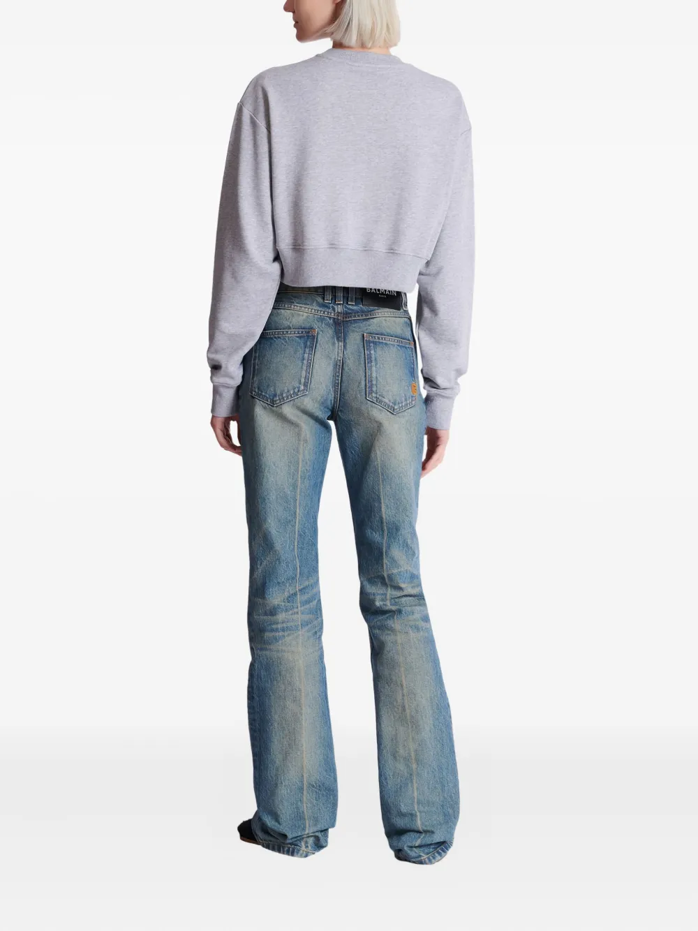 Balmain Cropped Printed Cotton Sweatshirt In Gray