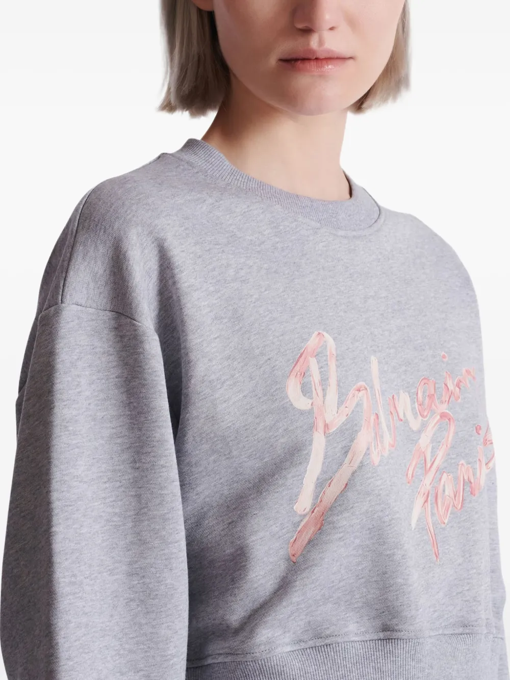 Balmain Cropped Printed Cotton Sweatshirt In Gray