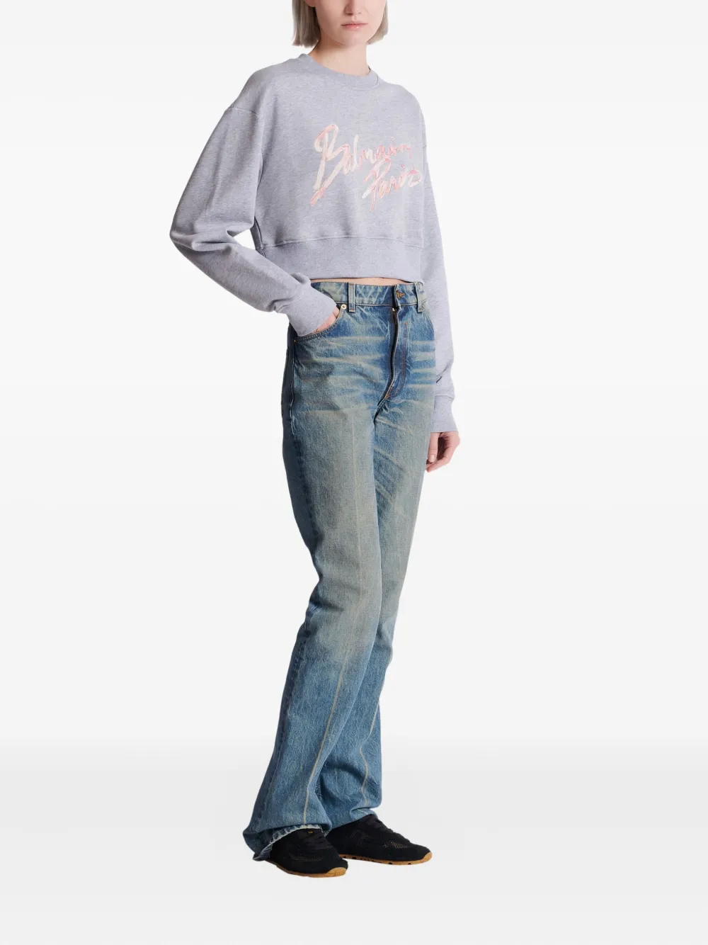 Balmain Cropped Printed Cotton Sweatshirt In Gray