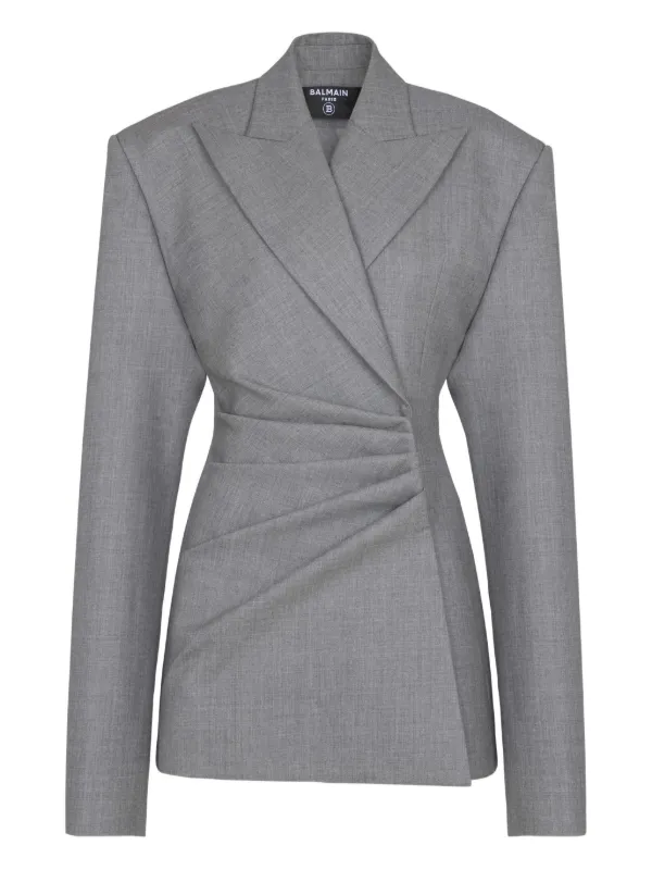 Balmain Short Jacket Dress in Draped Wool in Grey
