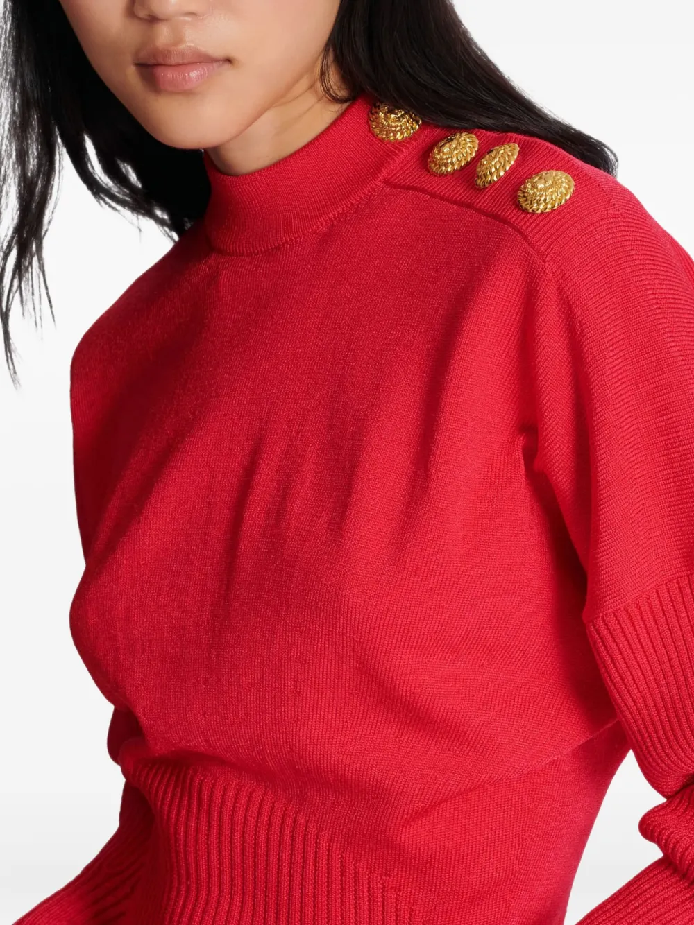 Balmain Button-embellished Knit Dress In Red