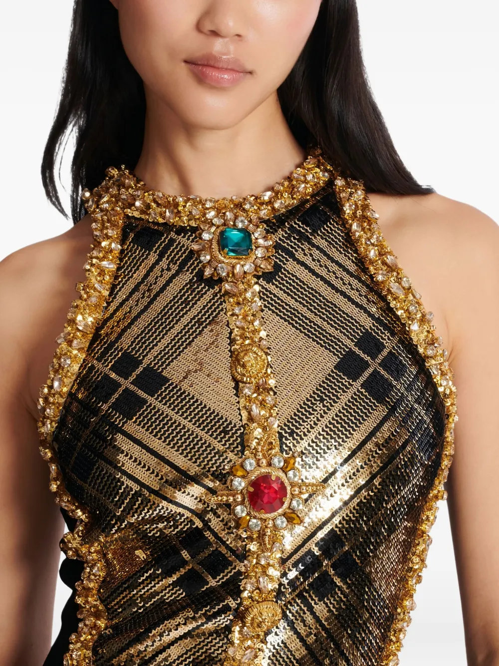 Balmain Short Sleeveless Dress With Plaid Embroidery In Multi