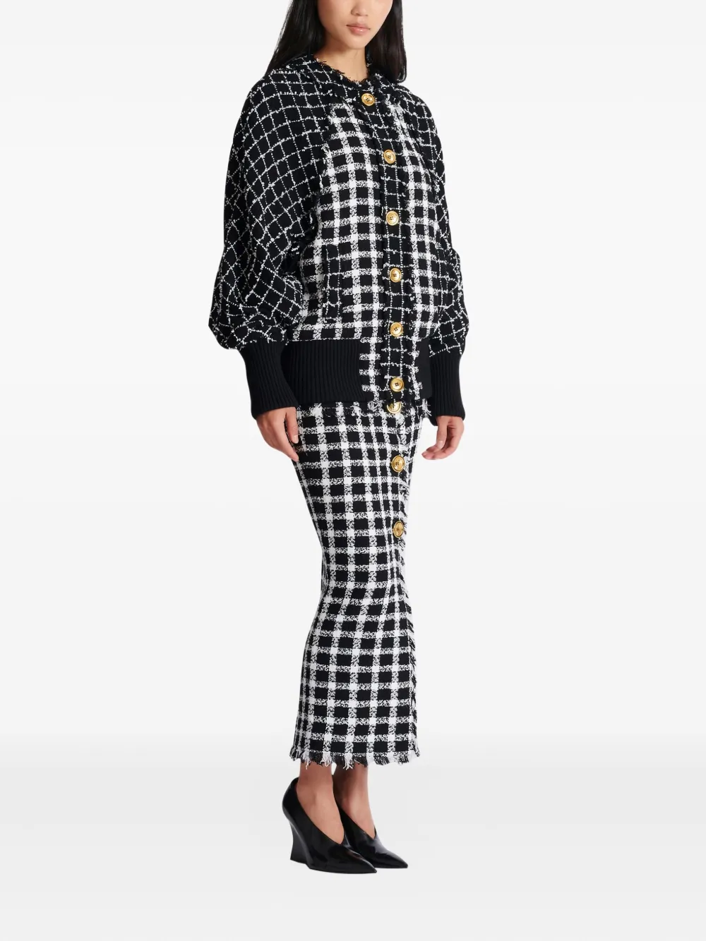 Balmain Tweed Button Bomber Jacket In Black