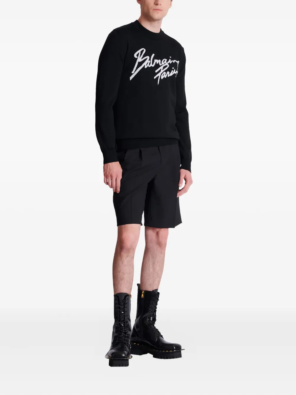 Balmain Paris Logo Intarsia Merino Wool Blend Sweater In Multi