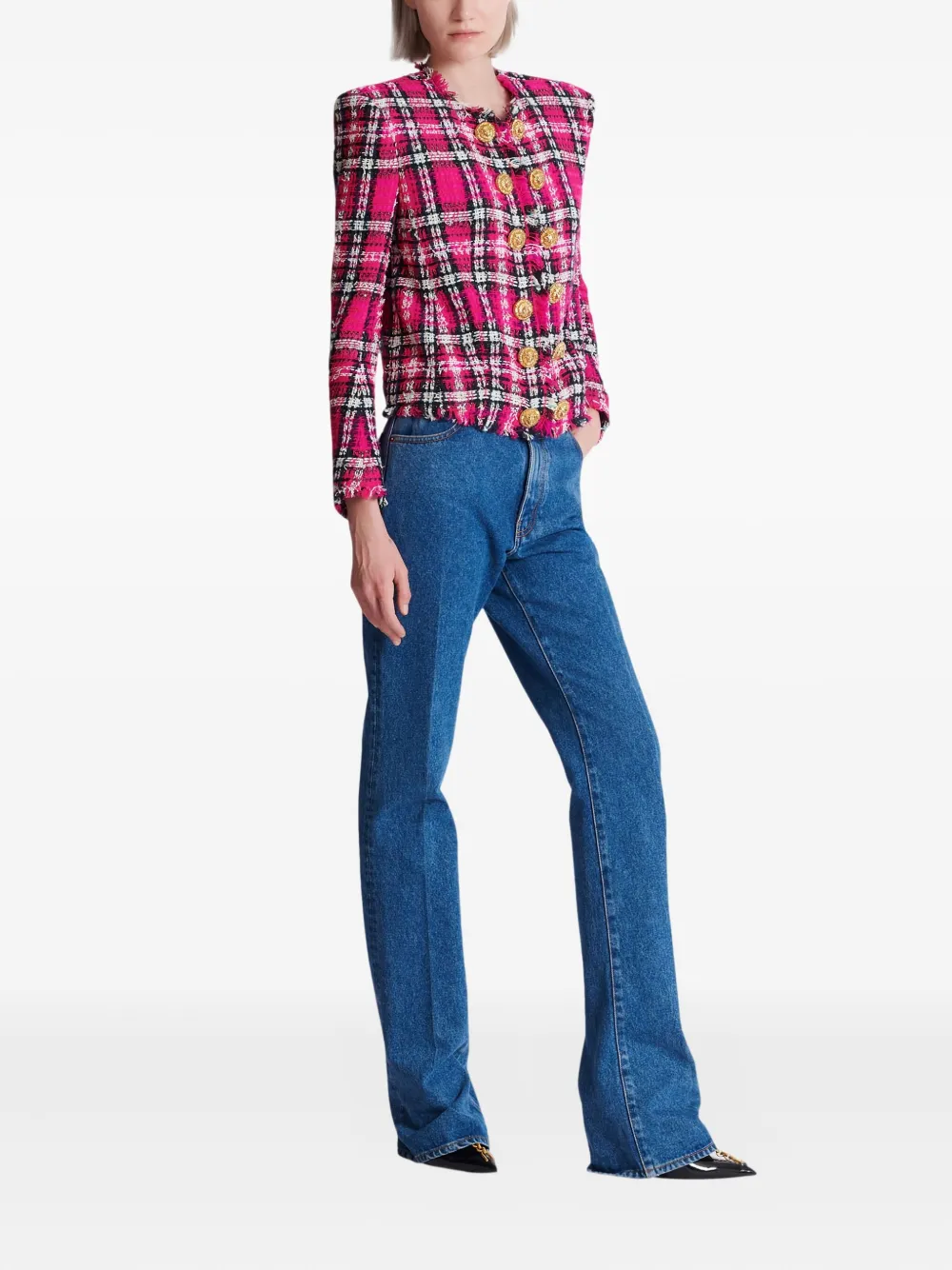  Balmain Plaid Button Jacket - Pink 