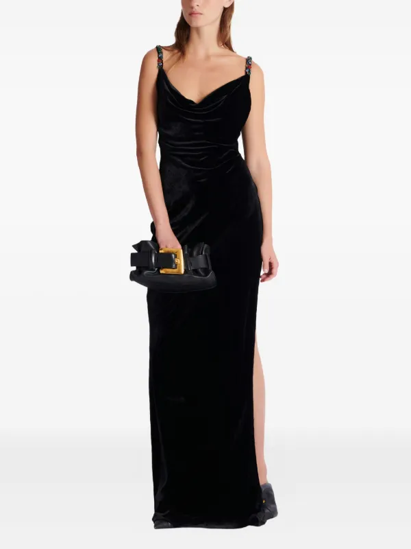 Balmain jewel-embellished Velvet Maxi Dress | Black | FARFETCH JO
