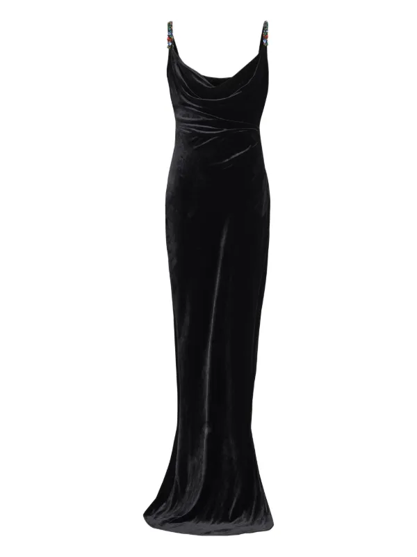 balmain long black dress Velvet With Embellished Straps | Features a flattering sweetheart