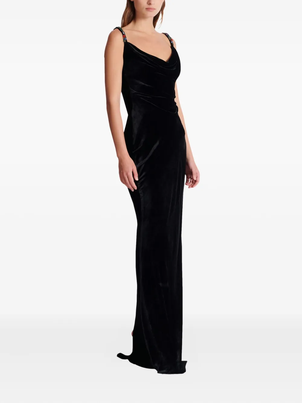 Balmain Long Velvet Dress With Embellished Straps In Black