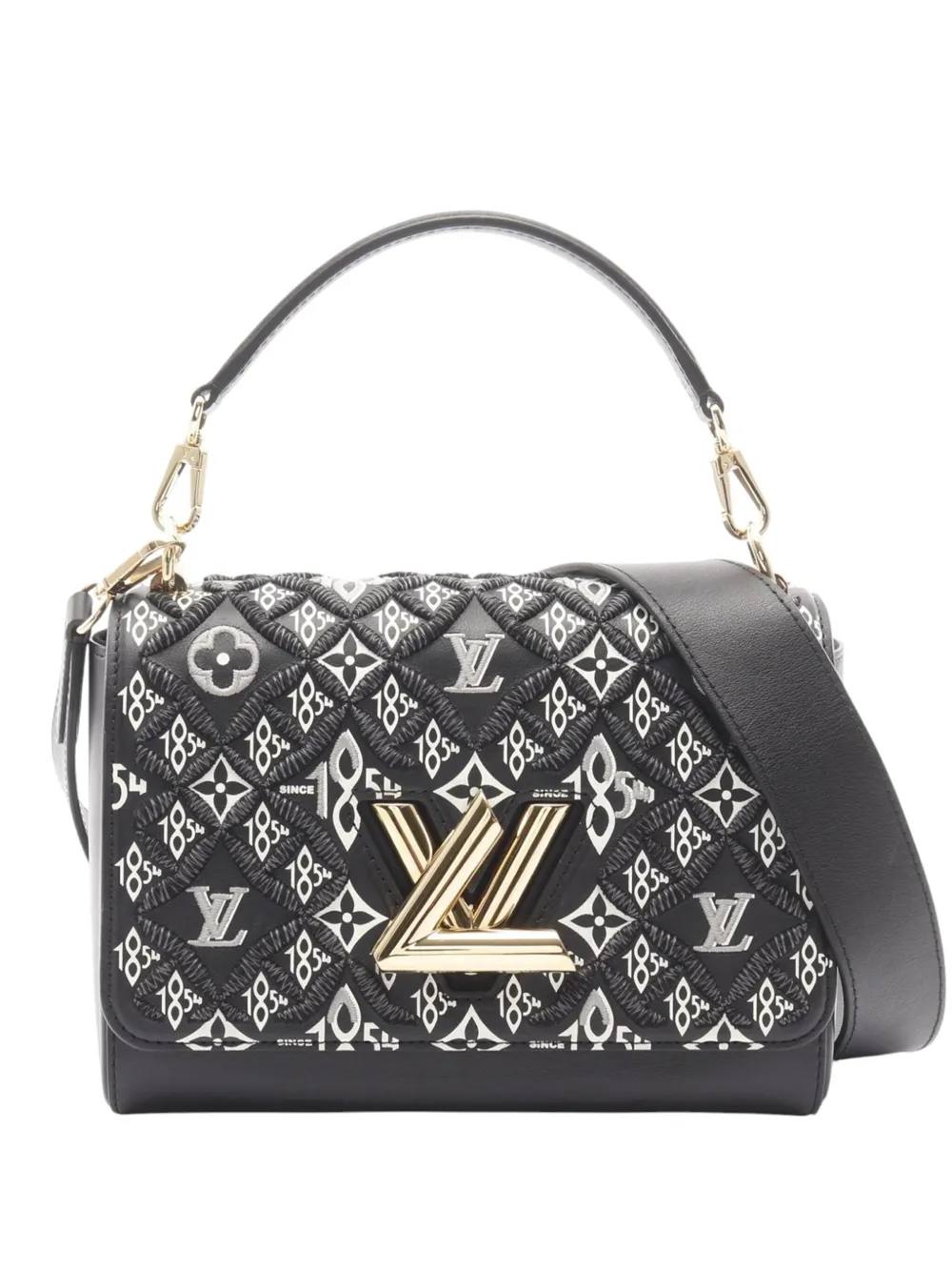 Pre-owned Louis Vuitton 2021-2025 Monogram Jacquard Since 1854 Twist Mm Satchel In Black