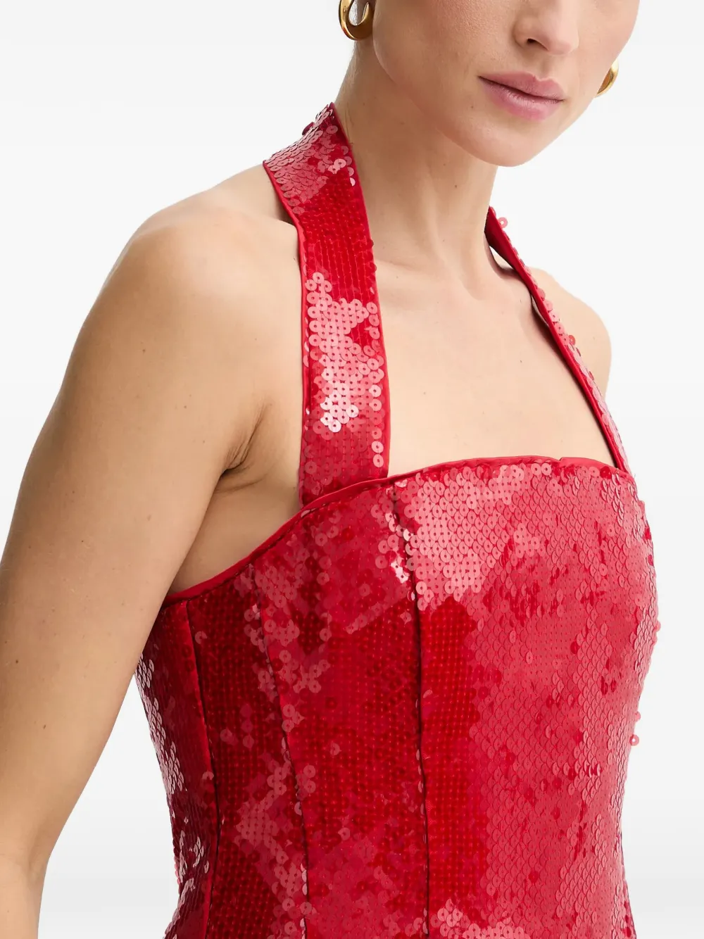 Bardot sequin-embellished Halterneck Mini Dress | Red | FARFETCH OM