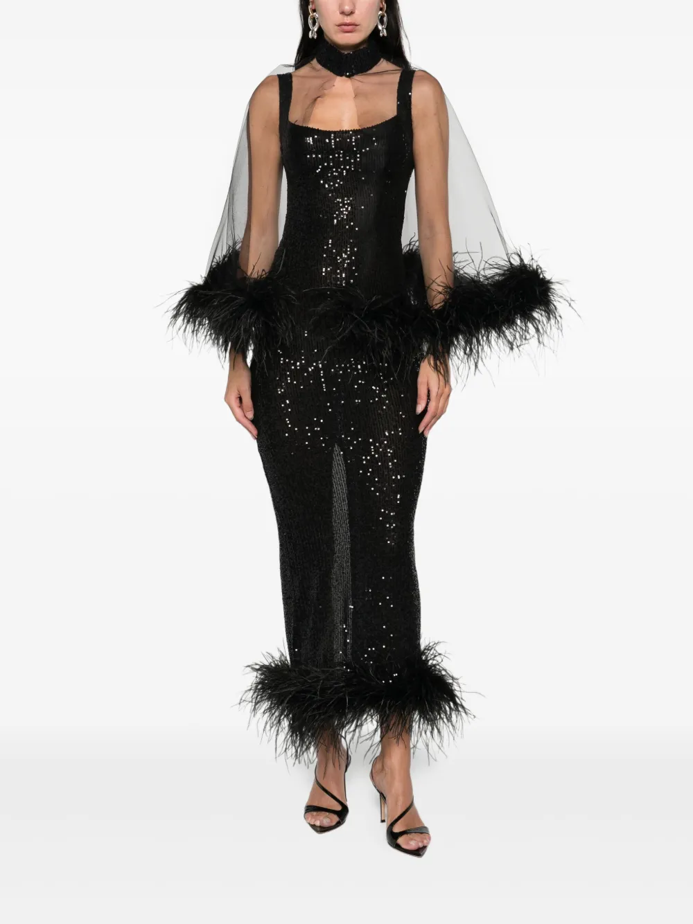 Atu Body Couture Cape met afwerking van veren en pailletten Zwart