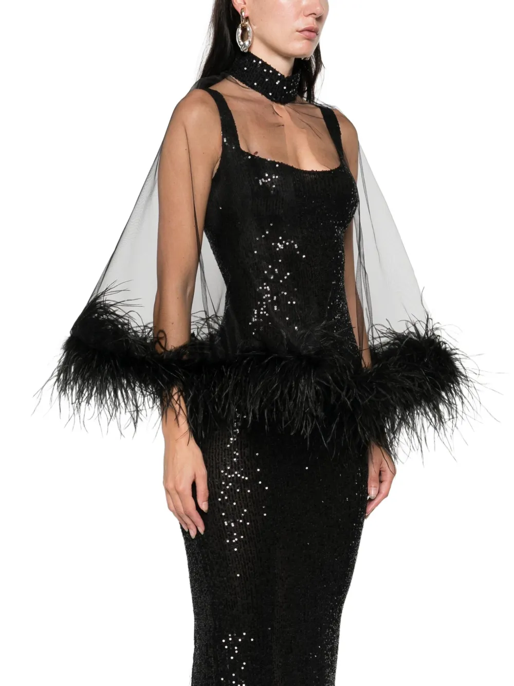 Atu Body Couture Cape met afwerking van veren en pailletten Zwart