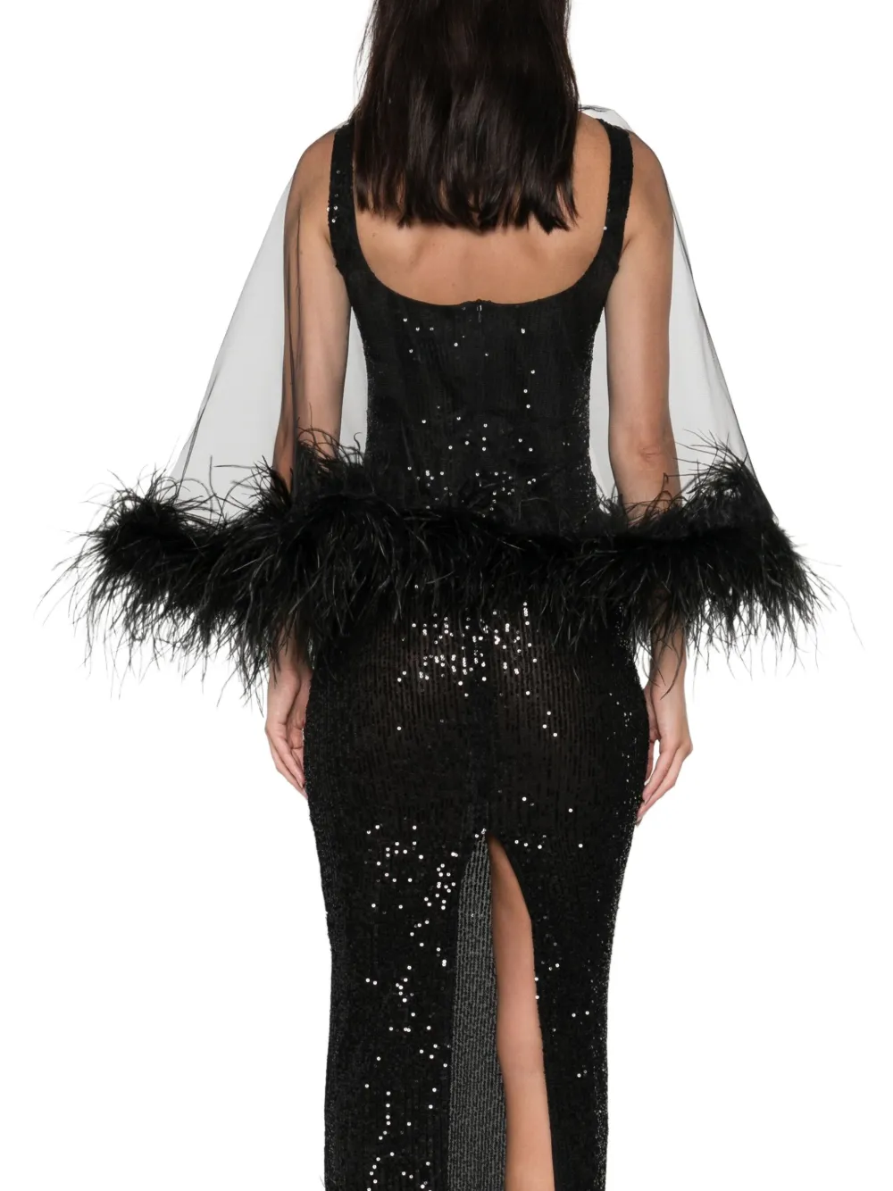 Atu Body Couture Cape met afwerking van veren en pailletten Zwart