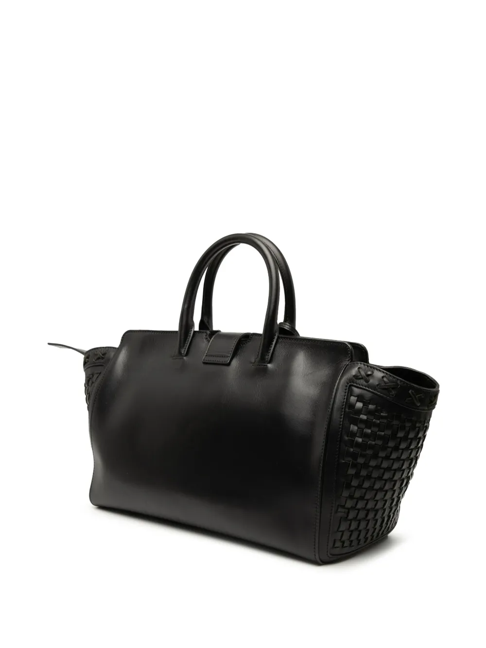 Pre-owned Saint Laurent 2018 Small Woven Trimmed Leather Downtown Cabas Satchel In Black