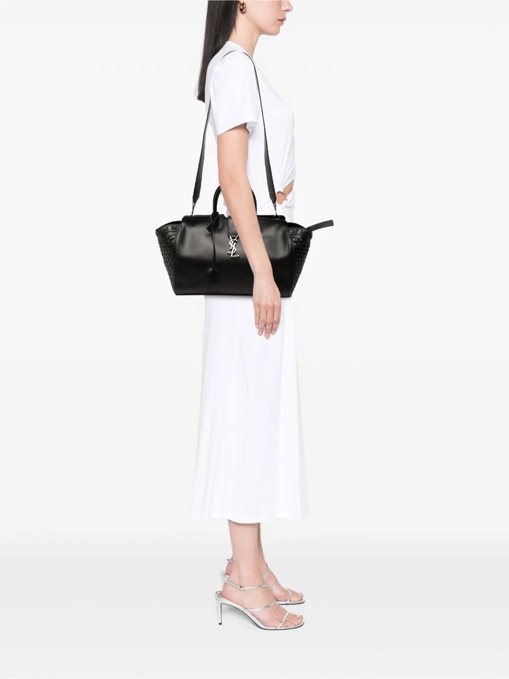 Pre-owned Saint Laurent 2018 Small Woven Trimmed Leather Downtown Cabas Satchel In Black