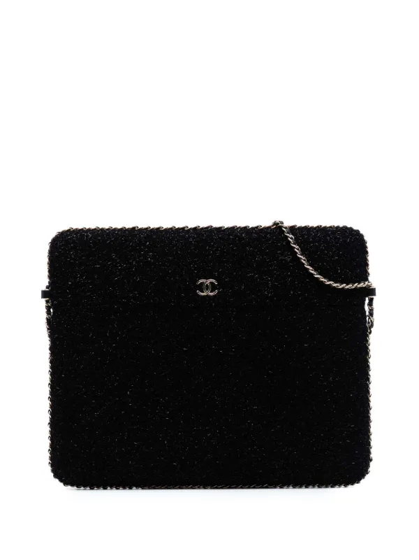 Chanel Pre-owned 2016-2017 CC Tweed Chain Around Tablet Holder Crossbody Bag in Black