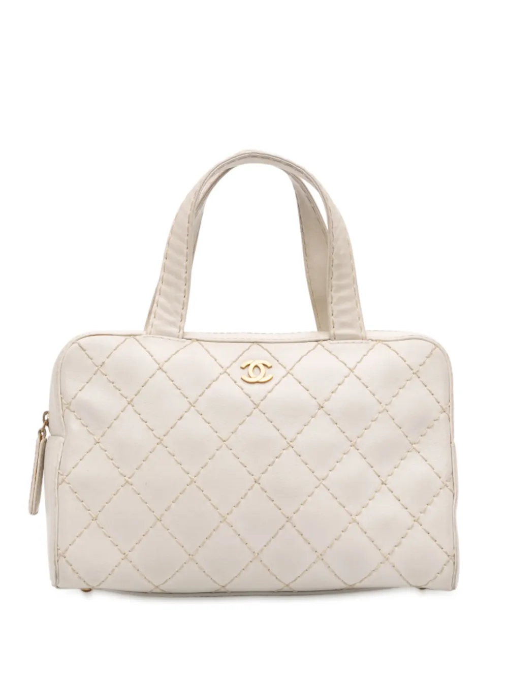 Pre-owned Chanel 2000-2002 Cc Lambskin Wild Stitch Handbag In White