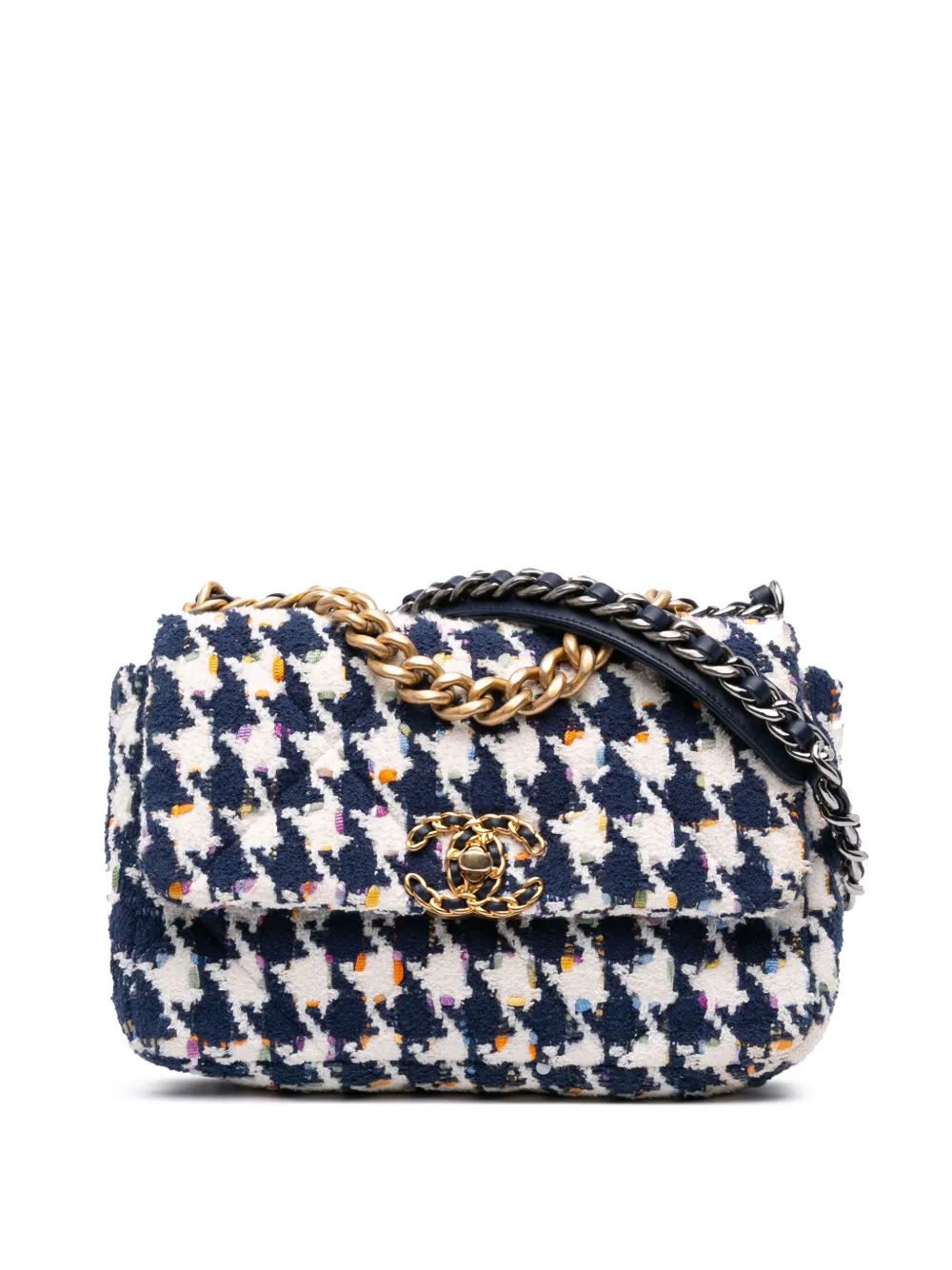 Pre-owned Chanel 2021 Medium Houndstooth Tweed 19 Flap Satchel In Blue