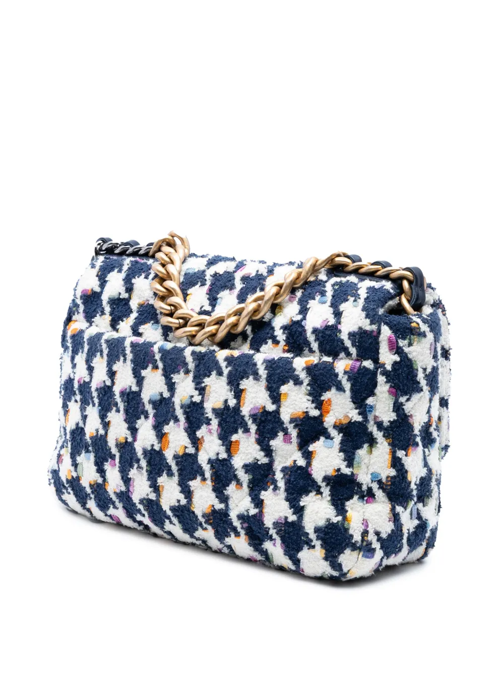 Pre-owned Chanel 2021 Medium Houndstooth Tweed 19 Flap Satchel In Blue