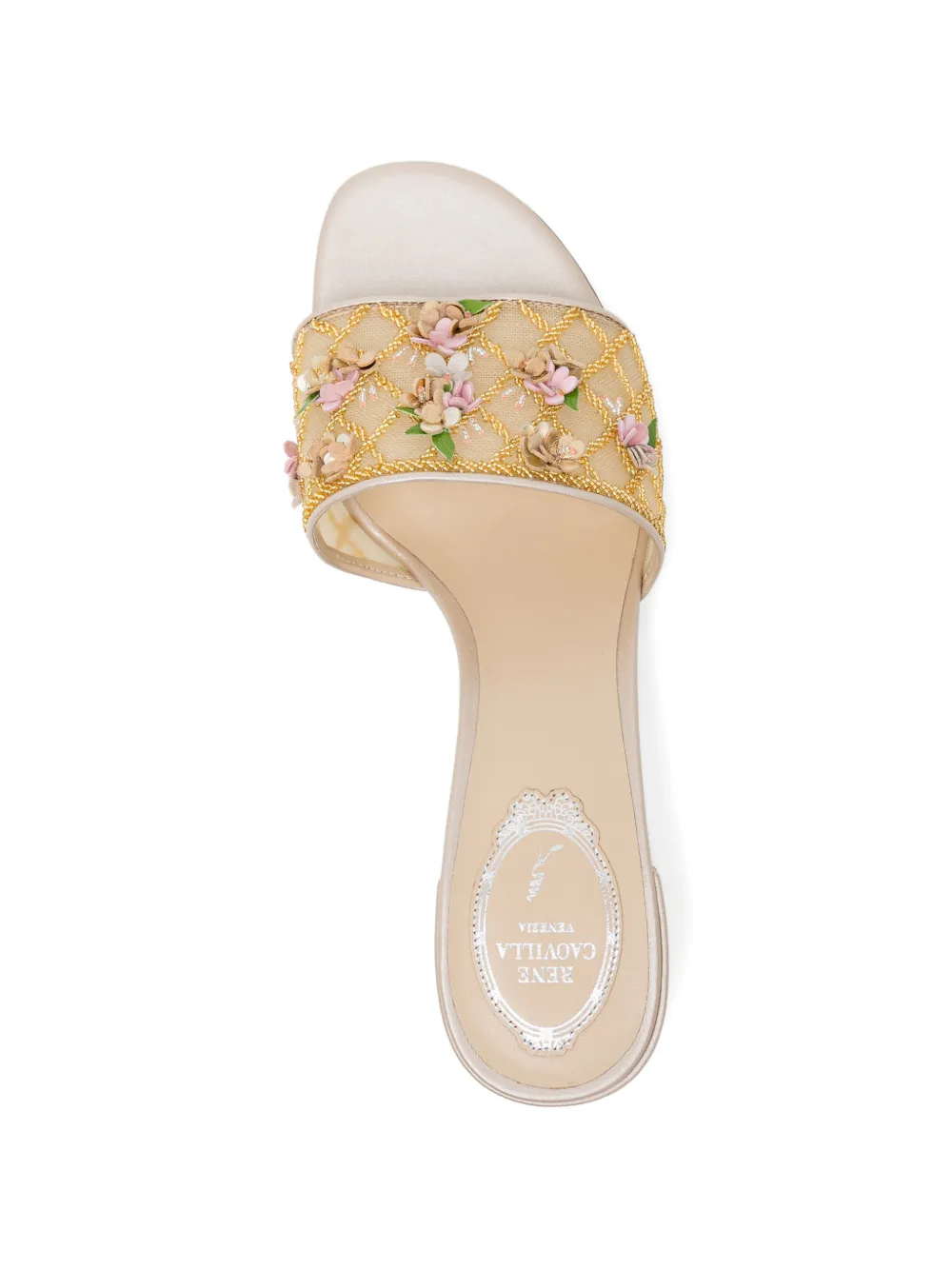 René Caovilla Sandalen met bloemenpatch en hak Beige
