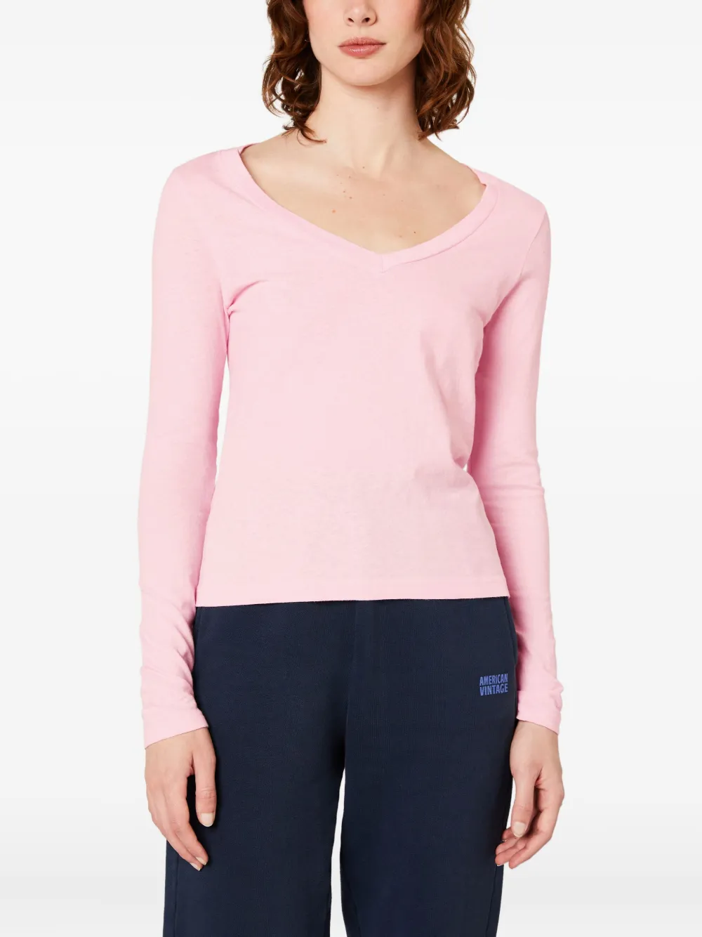 American Vintage Gamipy Long Sleeve V-neck T-shirt In Pink