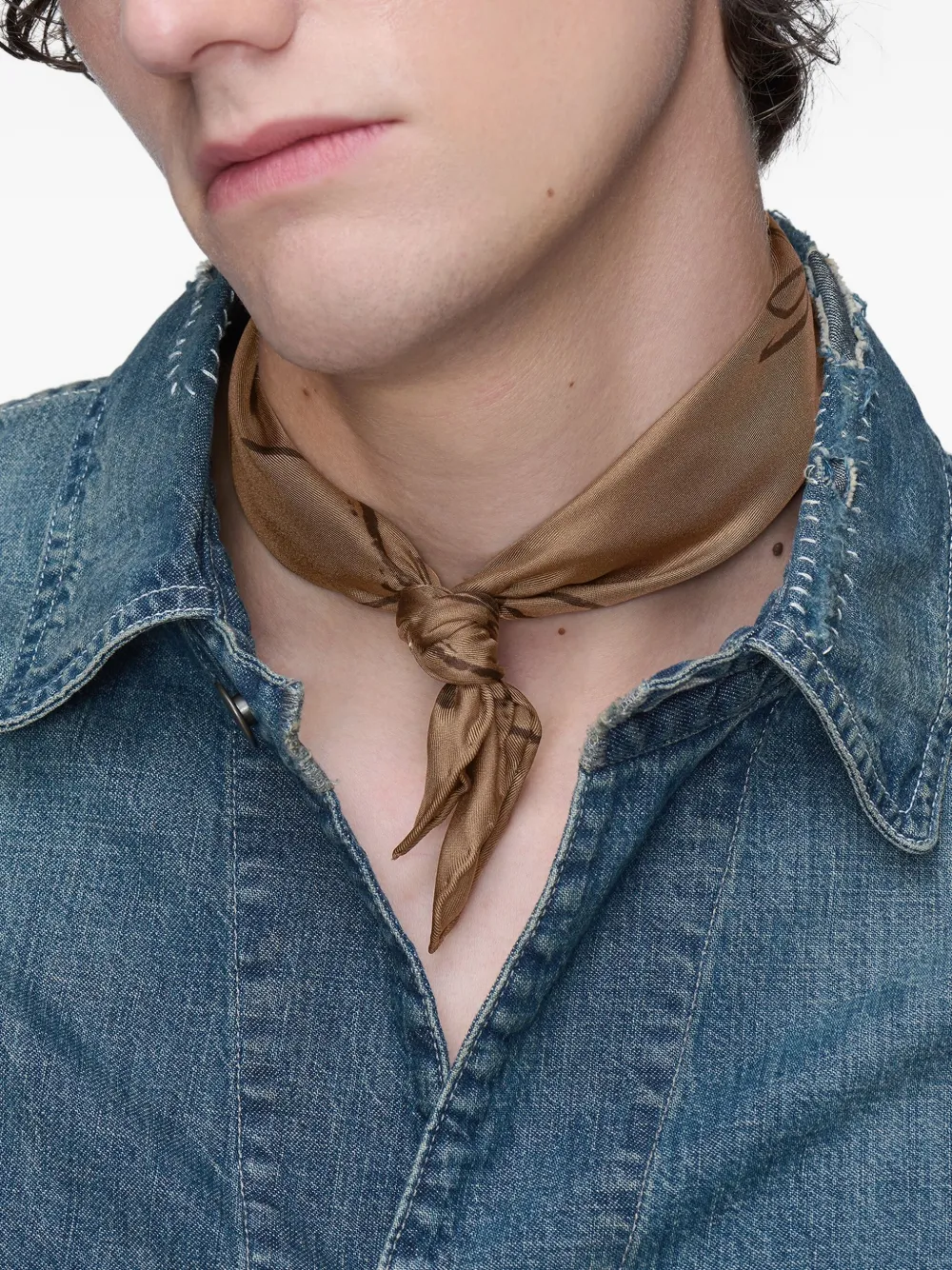 Maison Margiela Graphic Print Square Scarf With Frayed Edges In Brown