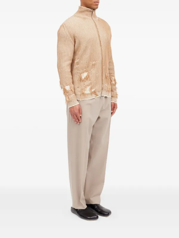 MM6 Maison Margiela Ribbed Distressed zip-up Cardigan | Neutrals