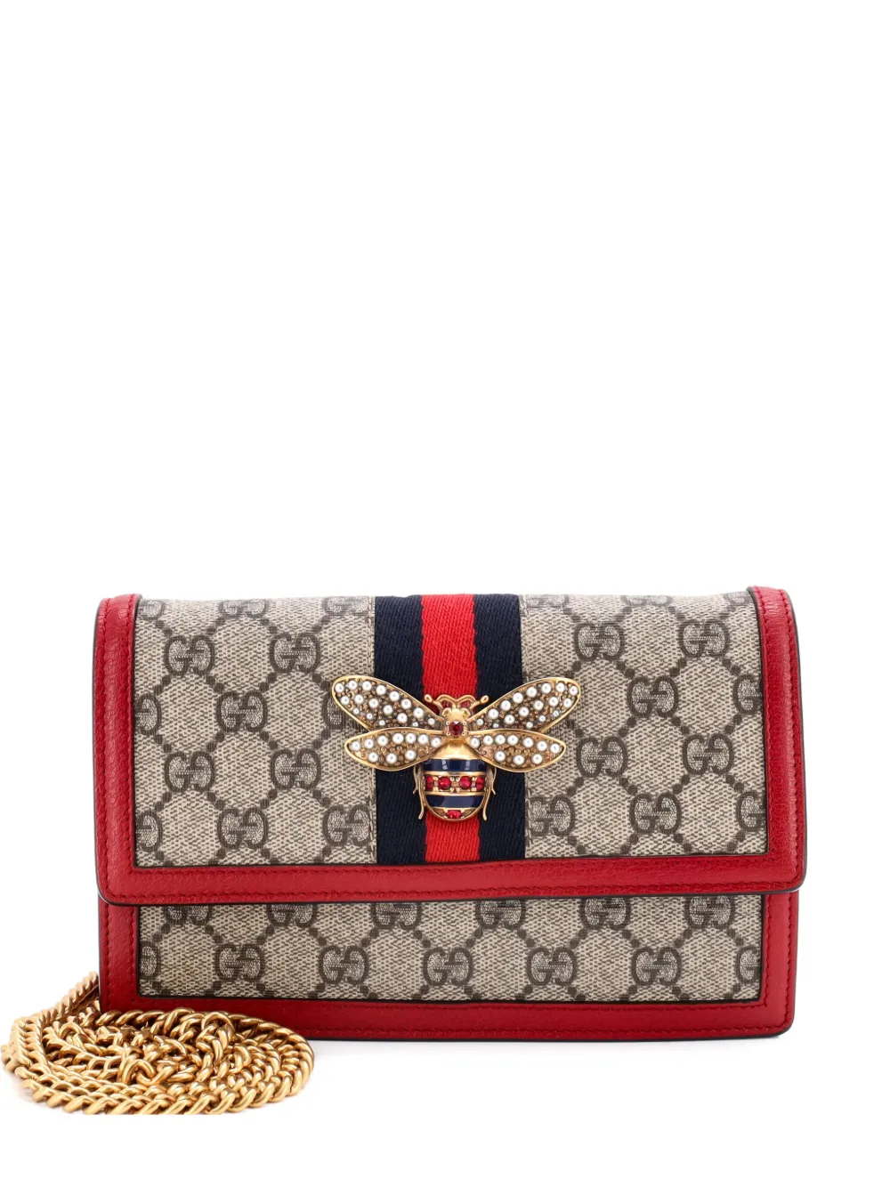 Pre-owned Gucci Queen Margaret Chain Wallet Gg Coated Canvas Mini Crossbody Bag In Black