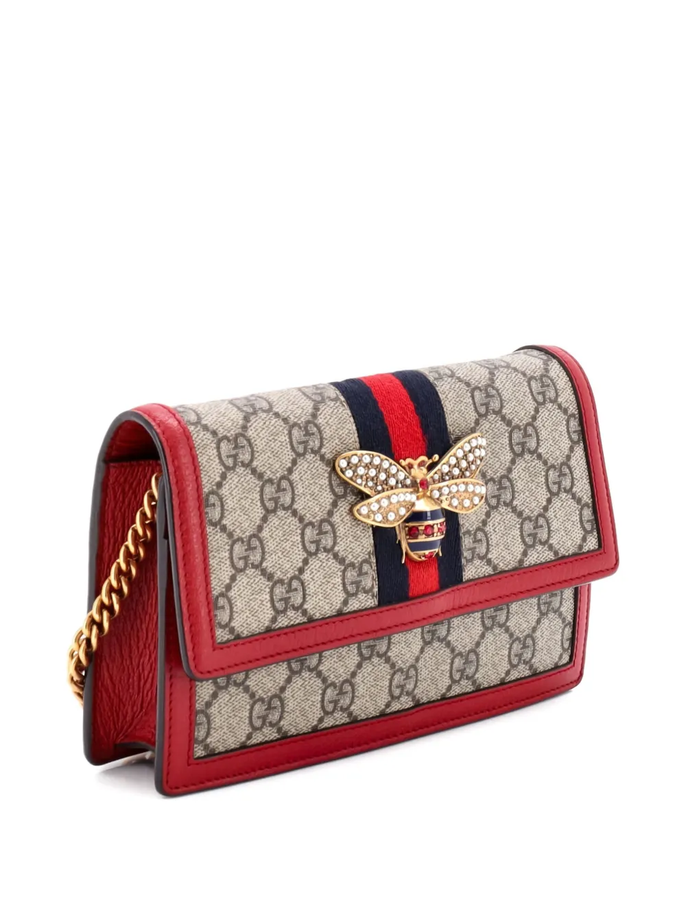 Pre-owned Gucci Queen Margaret Chain Wallet Gg Coated Canvas Mini Crossbody Bag In Black