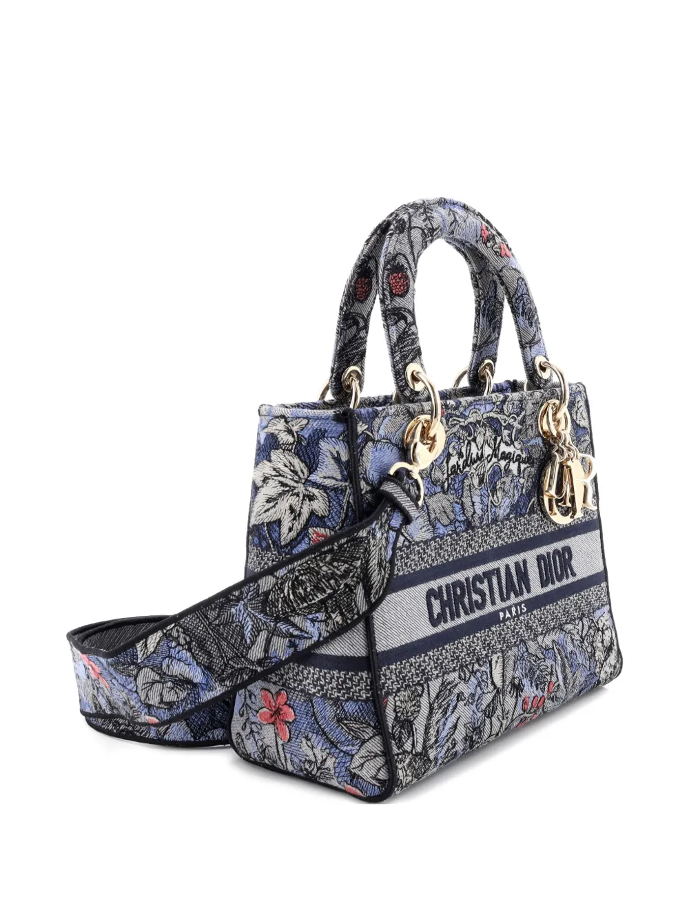 DIOR Pre-owned Lady D-lite Bag Embroidered Canvas Medium Satchel In Blue