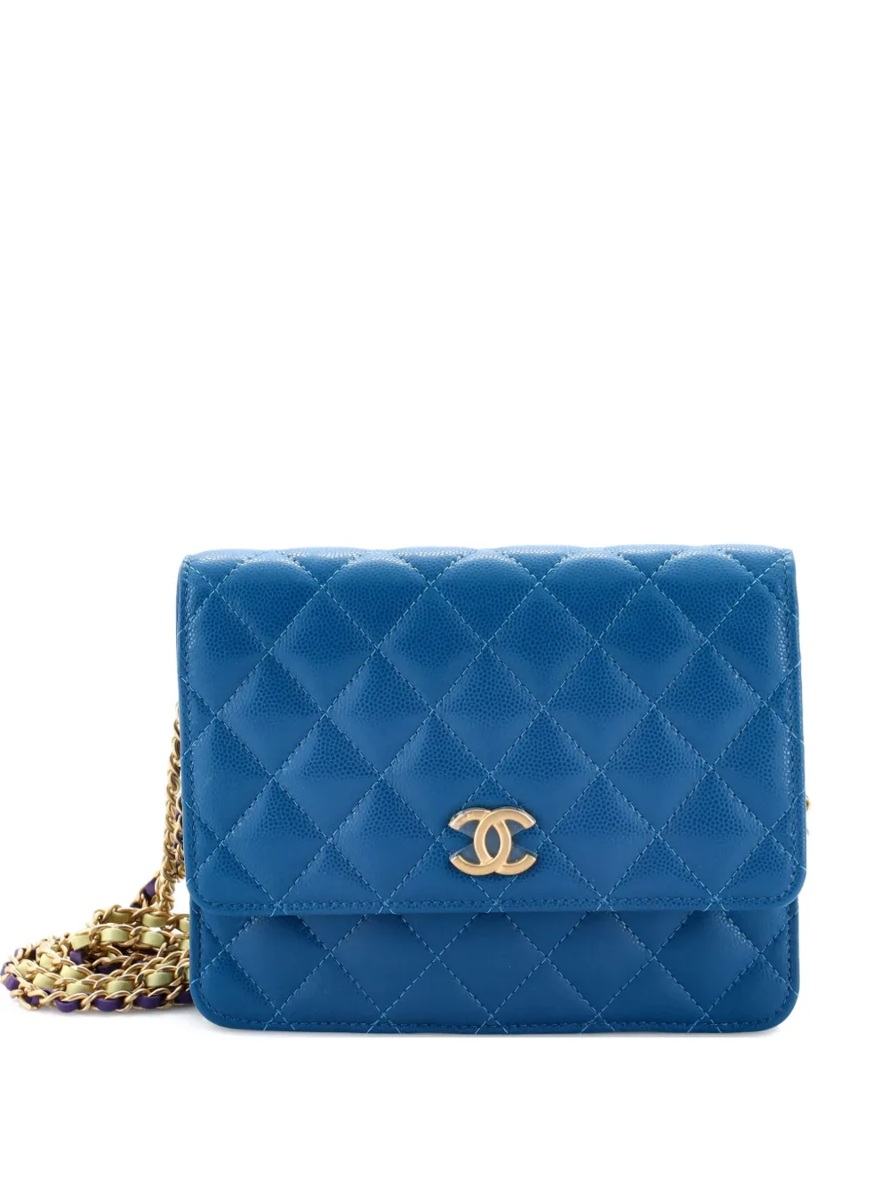 CHANEL Pre-Owned Square Wallet on Double Chain Quilted Caviar CHANEL Pre-Owned Square Wallet on Double Chain Quilted Caviar