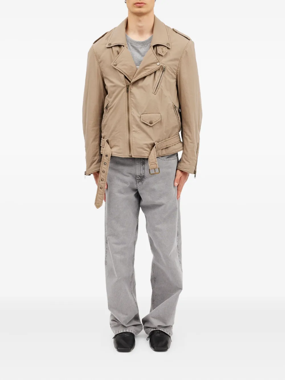  Mm6 Maison Margiela Belted Zip-up Biker Jacket - Neutrals 