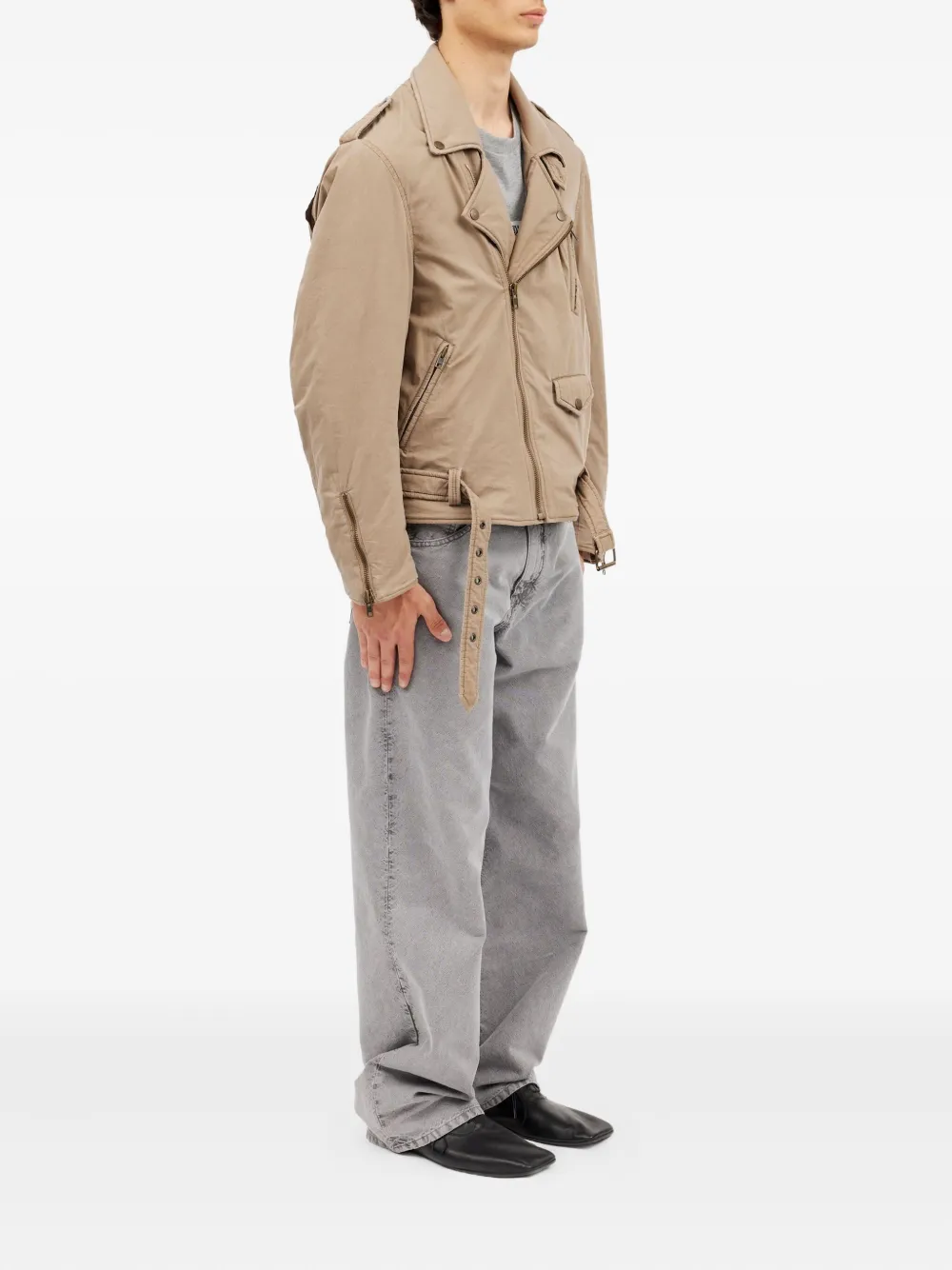  Mm6 Maison Margiela Belted Zip-up Biker Jacket - Neutrals 