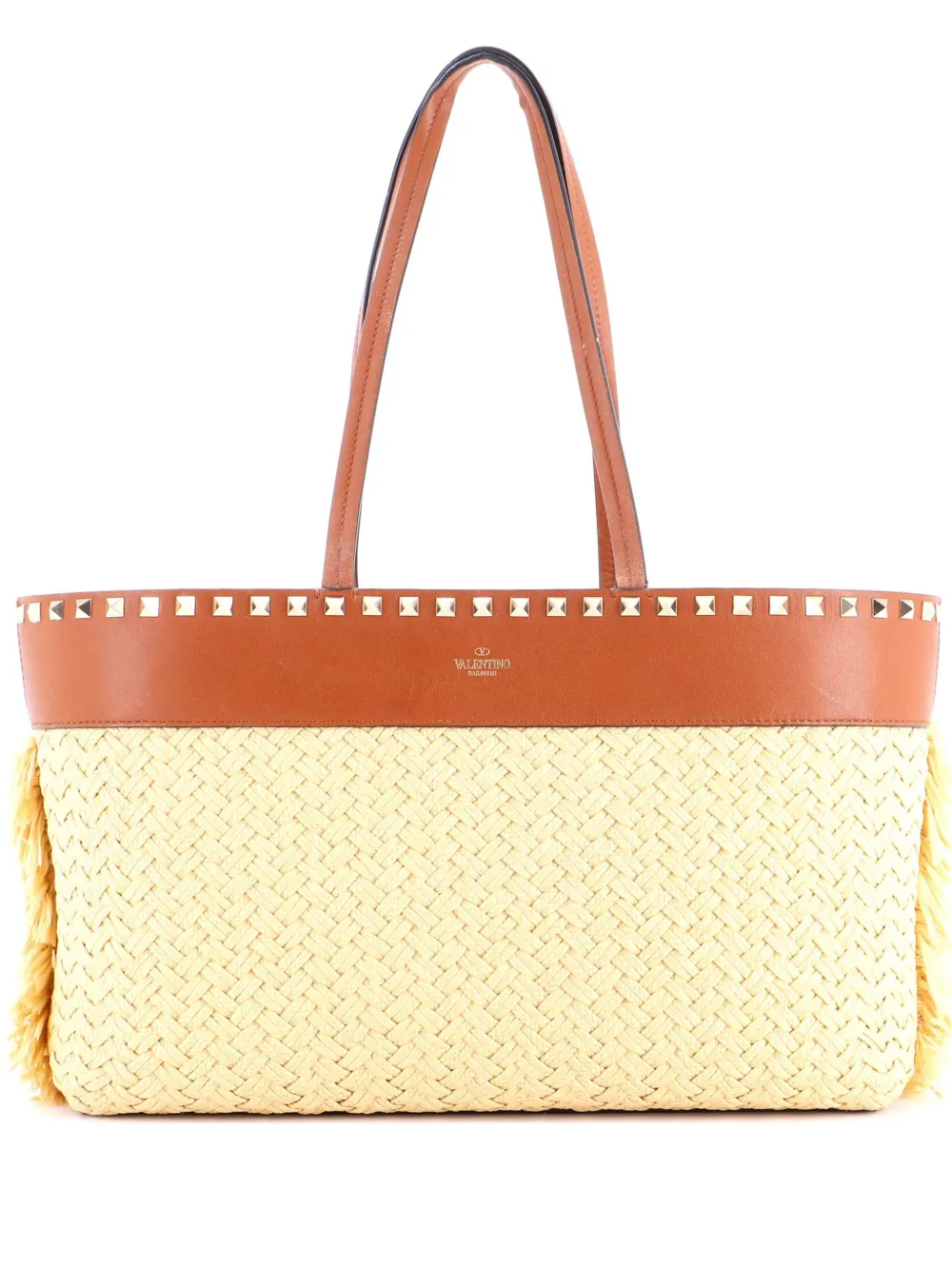 Valentino Garavani Pre-Owned Rockstud Shopping Raffia with Leather Valentino Garavani Pre-Owned Rockstud Shopping Raffia with Leather