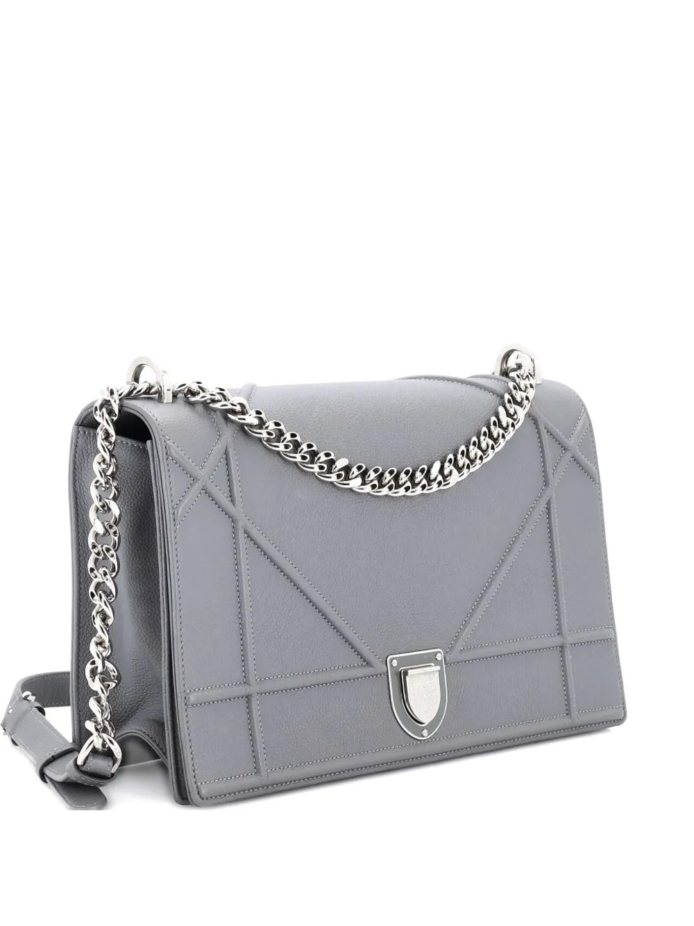 DIOR Pre-owned Ama Flap Bag Grained Calfskin Large Shoulder Bag In Gray