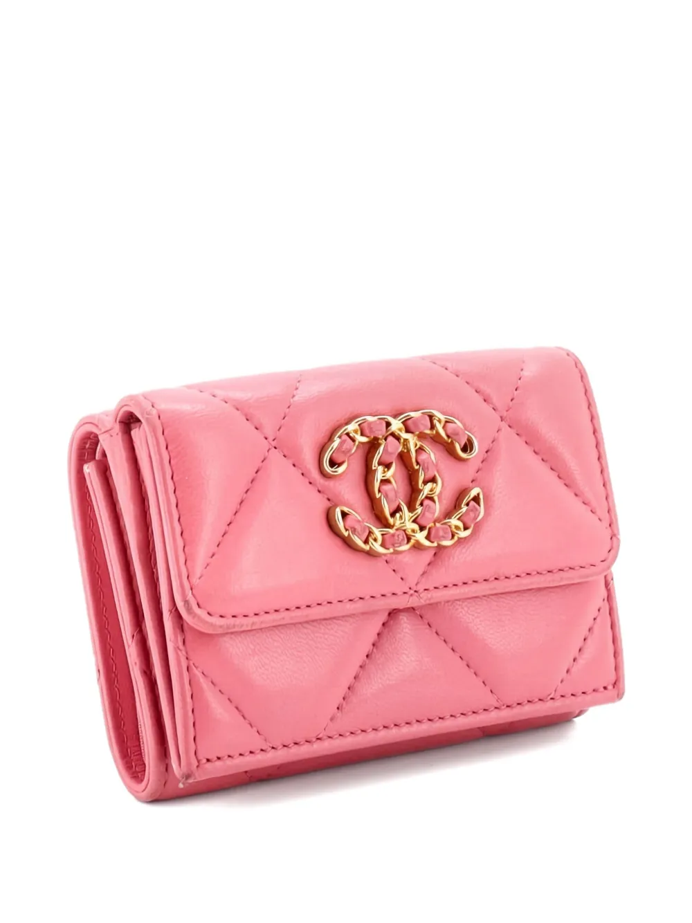 Pre-owned Chanel 19 Trifold Flap Wallet Quilted Lambskin Small Wallets In Pink