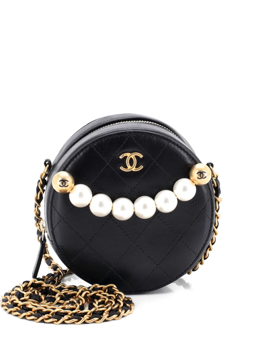 Pre-owned Chanel Chic Pearls Round Clutch With Chain Quilted Lambskin Crossbody Bag In Black