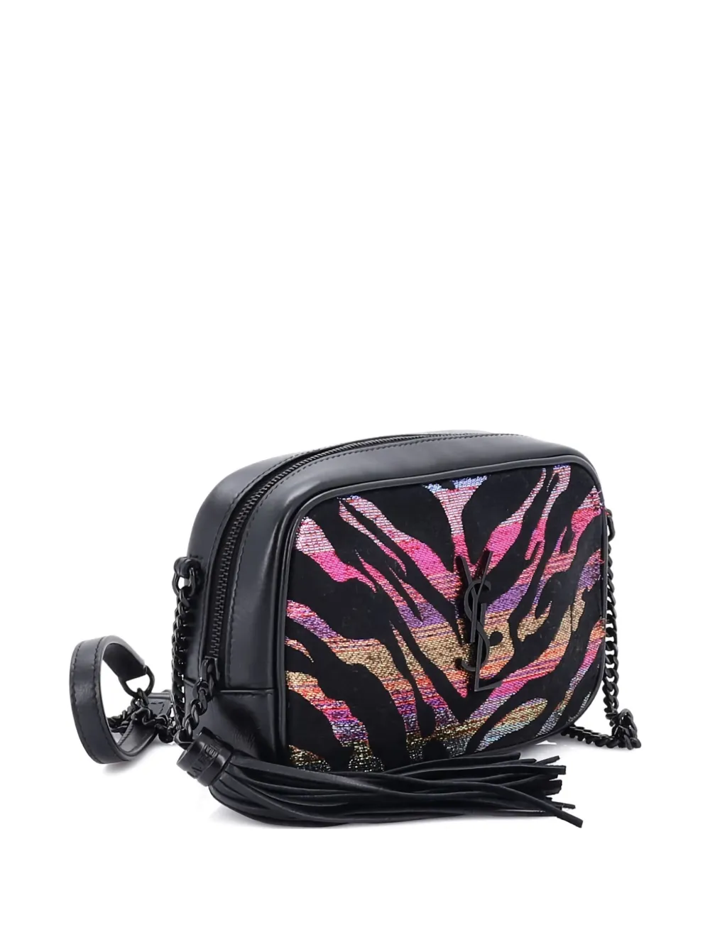 Pre-owned Saint Laurent Lou Camera Bag Glitter Jacquard And Leather Mini Crossbody Bag In Black