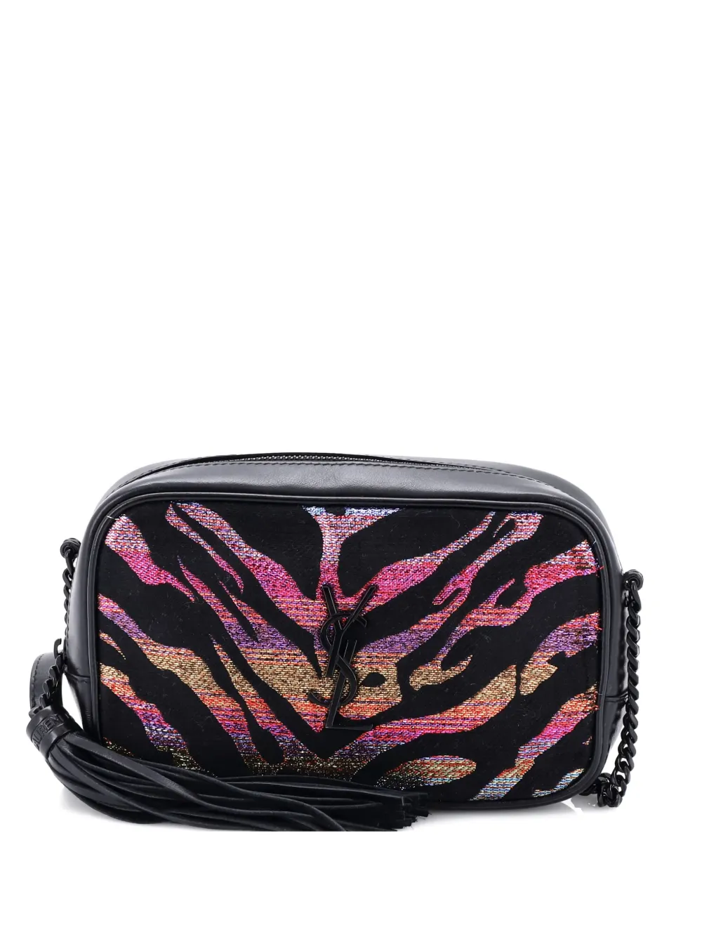 Pre-owned Saint Laurent Lou Camera Bag Glitter Jacquard And Leather Mini Crossbody Bag In Black