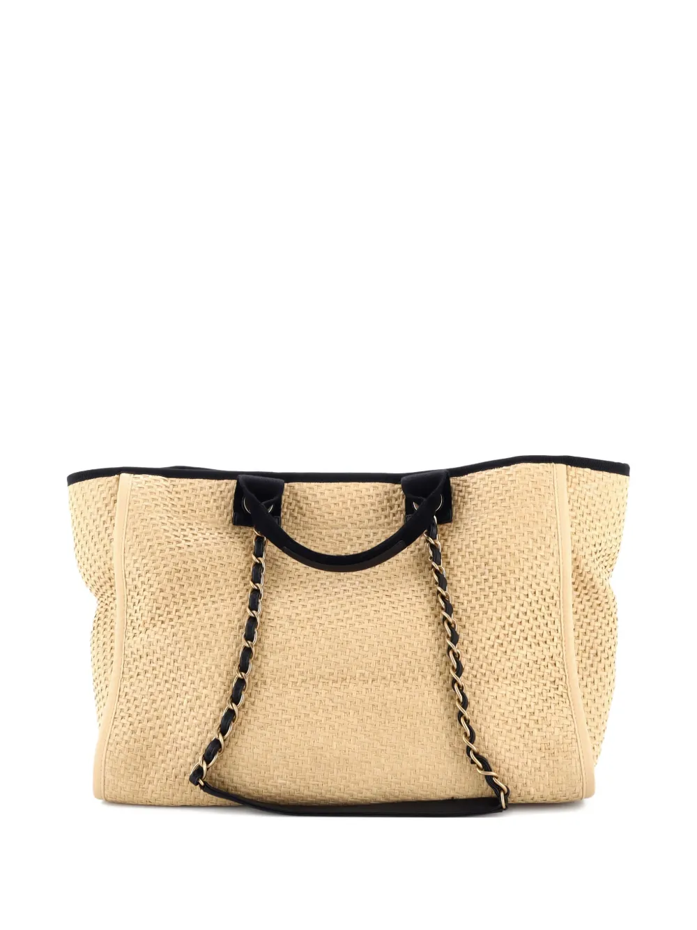 Pre-owned Chanel Deauville Straw With Chain Detail Medium Tote Bag In Neutral