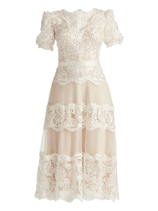 Tadashi Shoji Belline Lace Ribbon Midi Dress - White Tadashi Shoji Belline Lace Ribbon Midi Dress - White