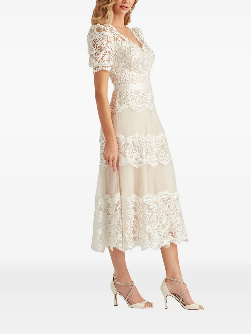 Tadashi Shoji Belline Lace Ribbon Midi Dress In White
