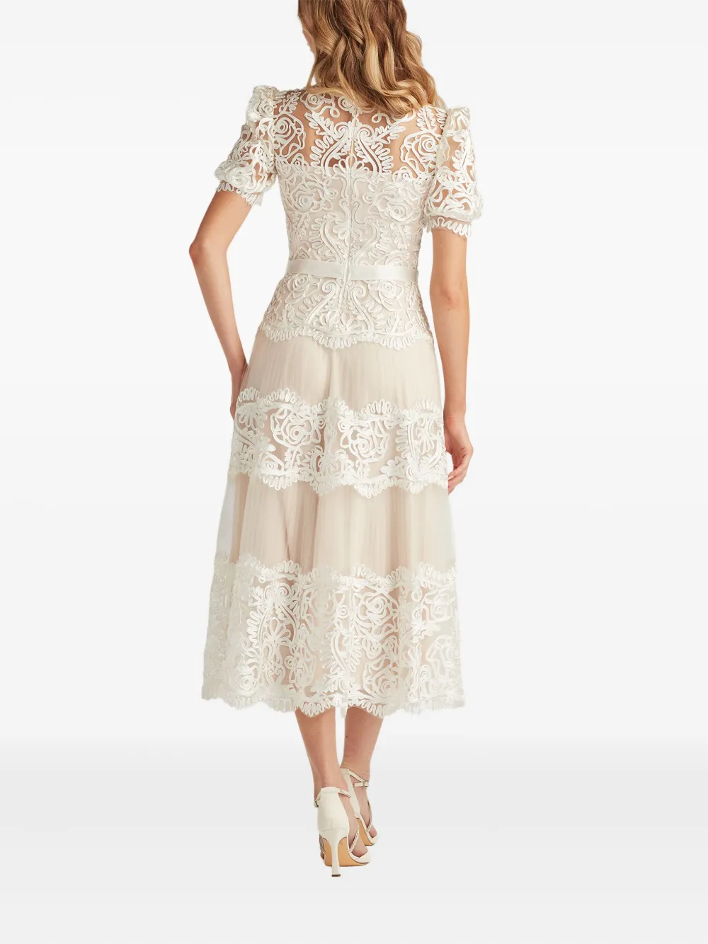 Tadashi Shoji Belline Lace Ribbon Midi Dress In White