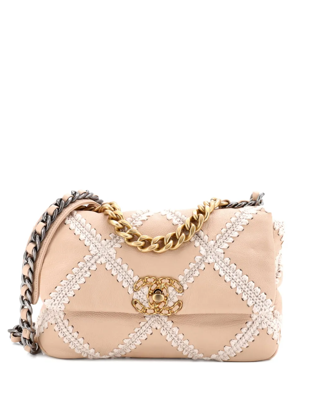 Pre-owned Chanel 19 Flap Bag Crochet Quilted Calfskin Medium Crossbody Bag In Neutral