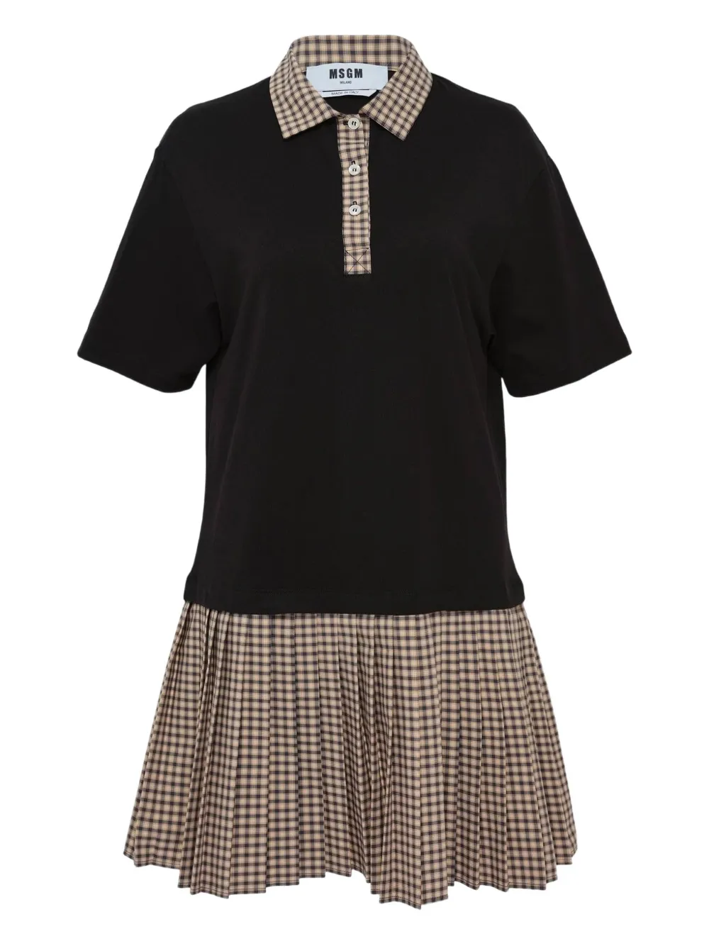 Msgm Polo-collar Check-pattern Mini Dress In Black