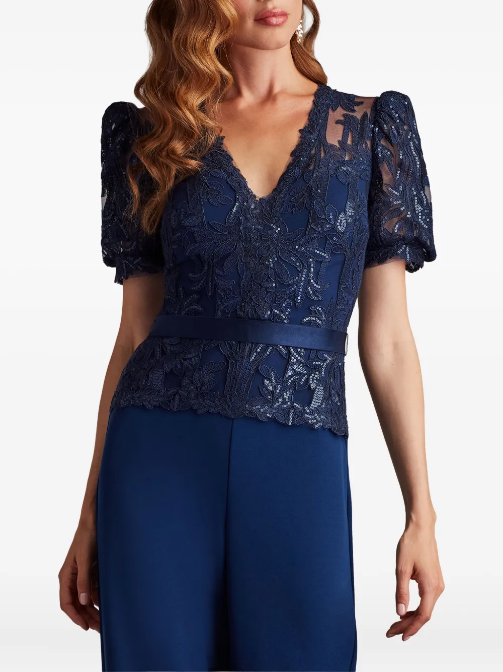 Tadashi Shoji Ziya Embellished Puff Sleeve Jumpsuit In Blue