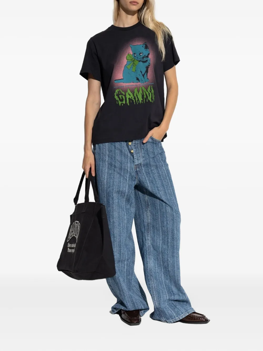 Ganni Neon Kitty Organic Cotton T-shirt In Black