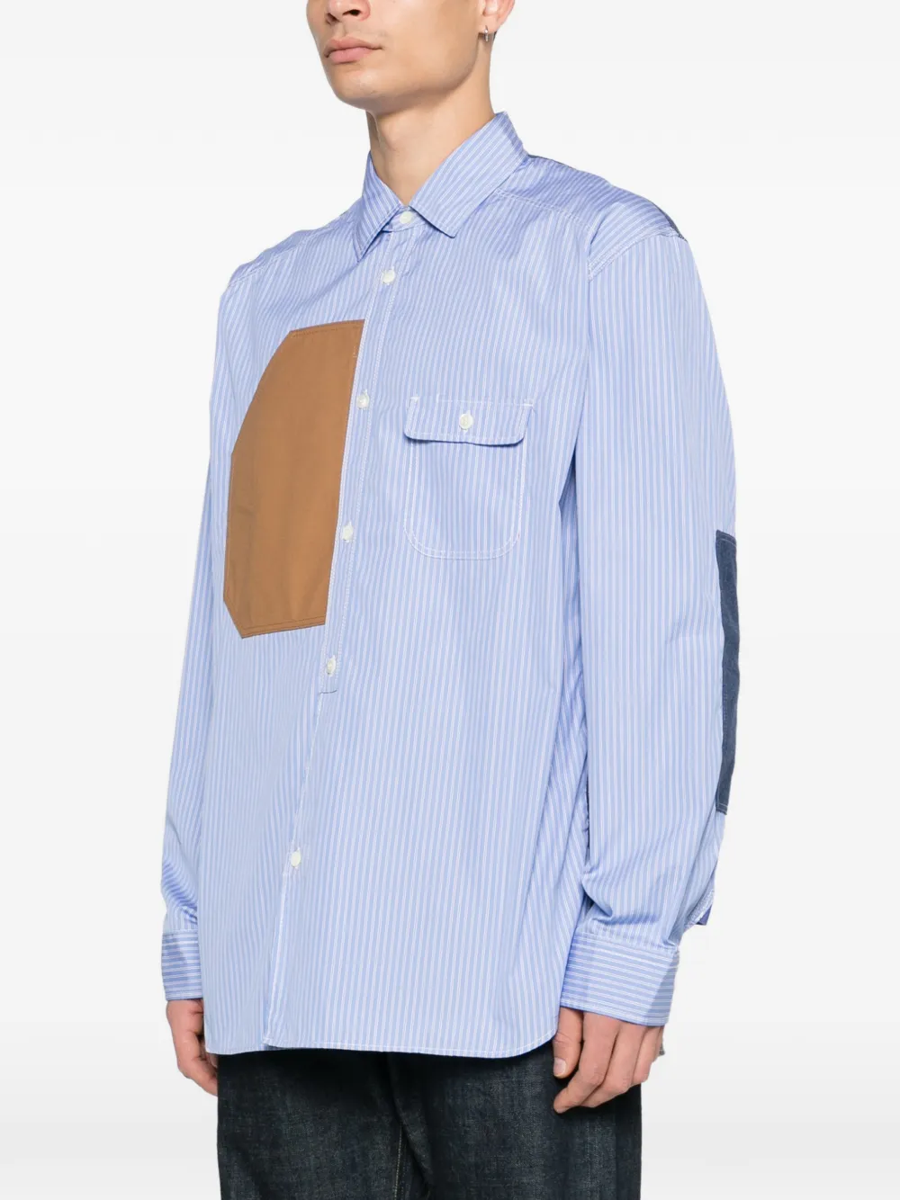 Junya Watanabe MAN Gestreept overhemd met vlakken Blauw
